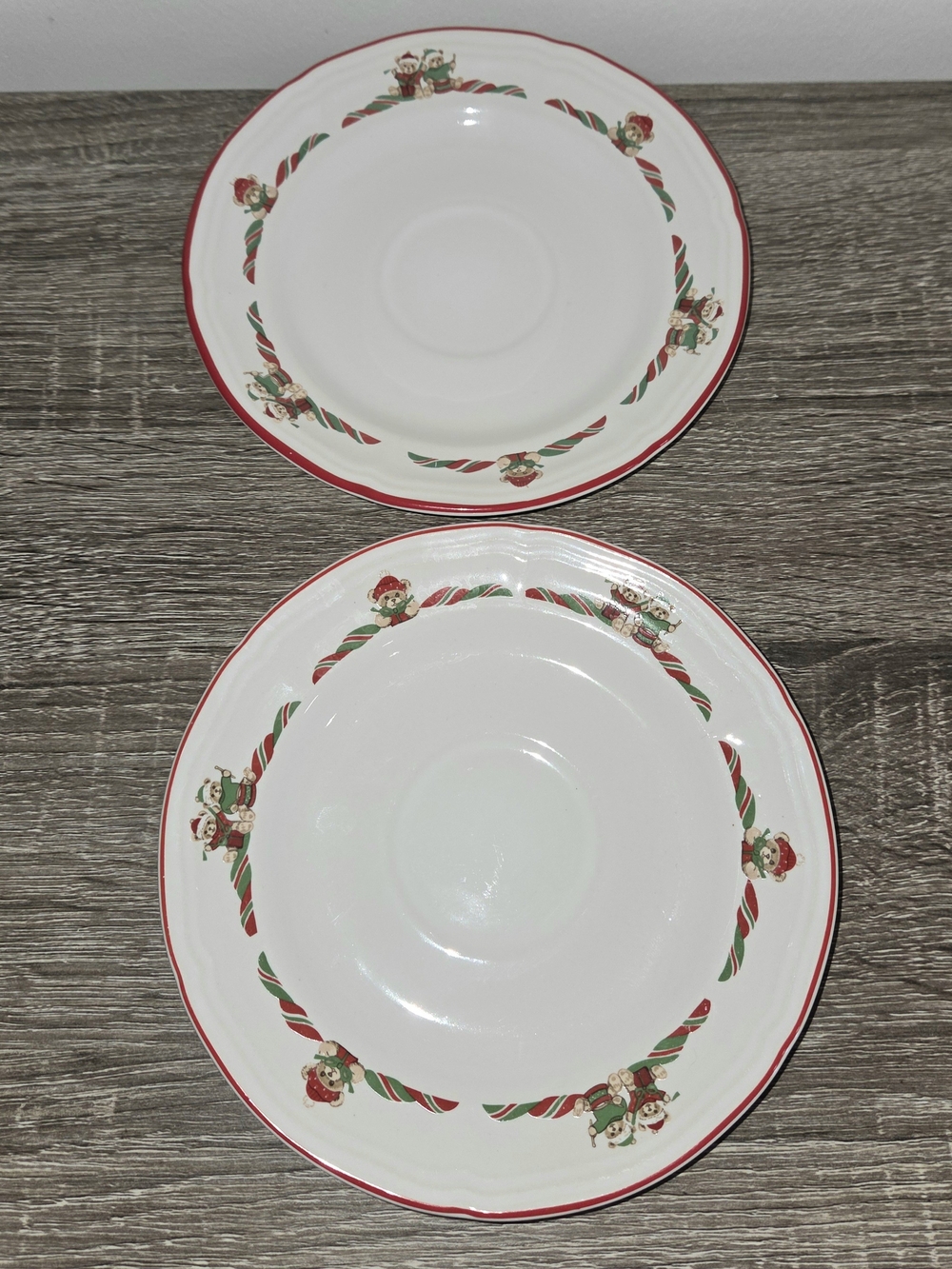 Set of 2 TIENSHAN  Stoneware Theodore Bear's Christmas Saucer Plates 6.5"